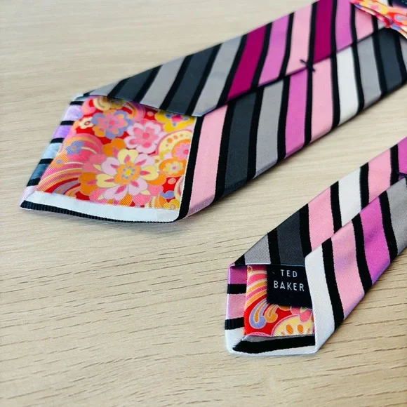 Ted‎ Baker Pink and Black Striped Silk Tie - Picture 3 of 8
